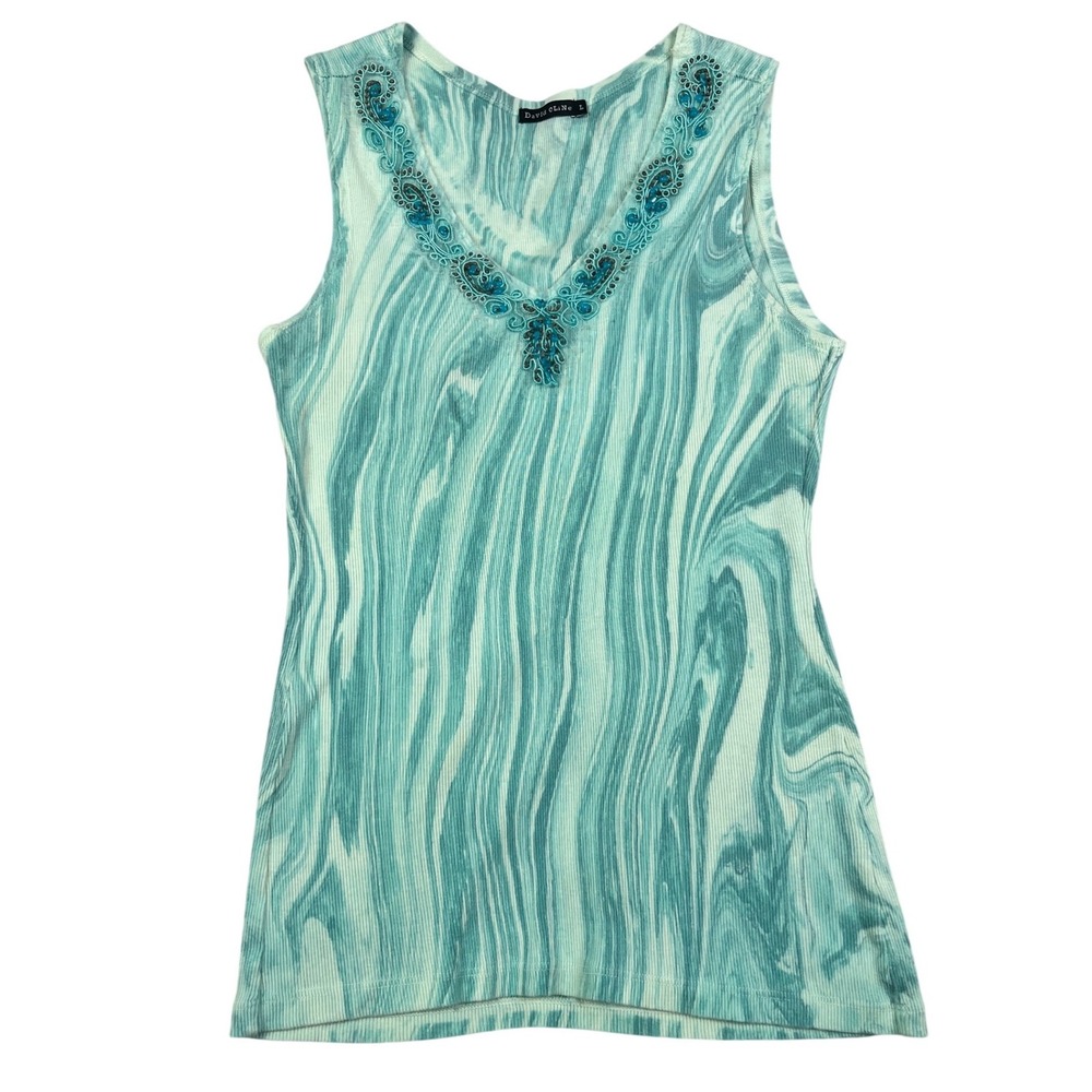 David Cline Teal Marble Print Beaded V-Neck Ribbed Cotton Tank Top Womens Large